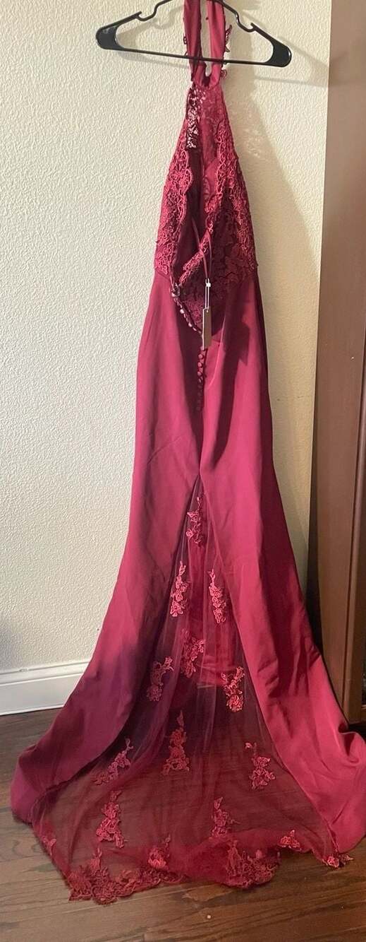 Missacc SBD10505 Burgundy Halter Lace Satin Mermaid Long Prom Dress Size US 6 - Picture 6 of 6
